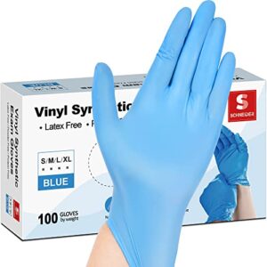 Schneider Vinyl Synthetic Exam Gloves, Blue, 4mil,Disposable Latex/ Powder-Free, Medical / Cleaning Gloves, Food-Safe for Cooking & Food Prep, Non-Sterile, 100-ct Box (Medium)