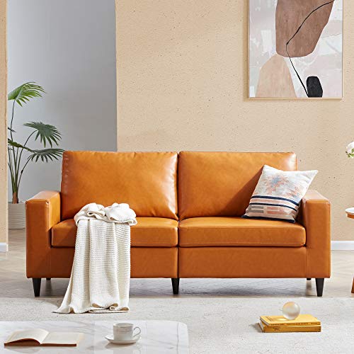 Harper & Bright Designs PU Leather Living Room Sofa, Modern Style Upholstered 3-Seater Sofa Couch for Home or Office (3 Seat, Brown)