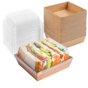 xiaohong 50 pack paper charcuterie boxes with clear lids, disposable sandwich boxes 5'' square to go food containers for bakery desserts, cake slice, cookies,strawberries(brown)
