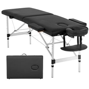 aluminum massage table portable massage bed height adjustable spa bed 2 fold facial tattoo salon bed w/face cradle carry case (black)