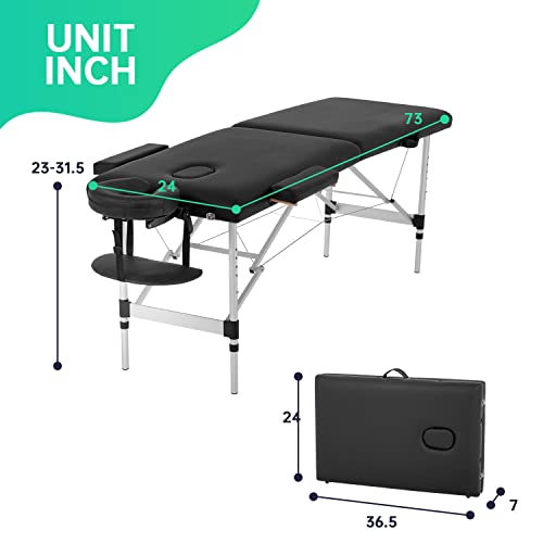 Aluminum Massage Table Portable Massage Bed Height Adjustable Spa Bed 2 Fold Facial Tattoo Salon Bed W/Face Cradle Carry Case (Black)