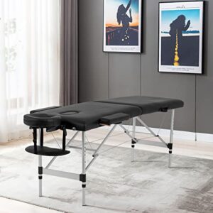 Aluminum Massage Table Portable Massage Bed Height Adjustable Spa Bed 2 Fold Facial Tattoo Salon Bed W/Face Cradle Carry Case (Black)