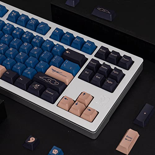 PBT Keycaps 129 Keys Blue Samurai Keycaps Dye Sub Cherry Profile Fit for 61/64/87/104/108 US Layout Cherry Mx Gateron Switches Mechanical Keyboard