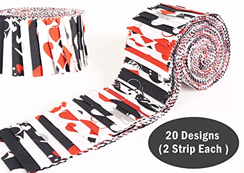 Soimoi 40Pcs Poker Card Print Cotton Precut Fabrics for Quilting Craft Strips 2.5 inches Jelly Roll - White & Black