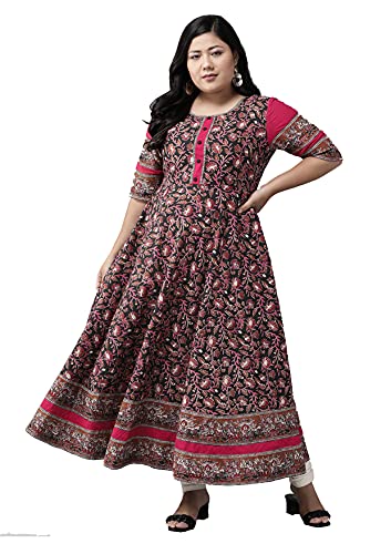 Yash Gallery Women's Plus Size Cotton Floral Printed Anarkali kurta (Black)