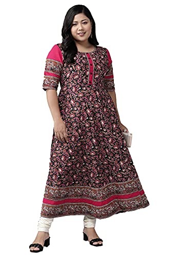 Yash Gallery Women's Plus Size Cotton Floral Printed Anarkali kurta (Black)