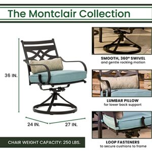 Hanover Montclair 9-Piece All-Weather Outdoor Patio Dining Set, 8 Swivel Rocker Chairs with Comfortable Seat and Lumbar Cushions, 84"x42" Stamped Rectangle Table, Umbrella, and Umbrella Base