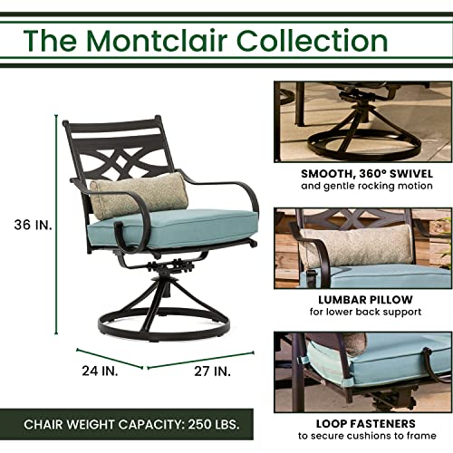 Hanover Montclair 9-Piece All-Weather Outdoor Patio Dining Set, 8 Swivel Rocker Chairs with Comfortable Seat and Lumbar Cushions, 84"x42" Stamped Rectangle Table, Umbrella, and Umbrella Base