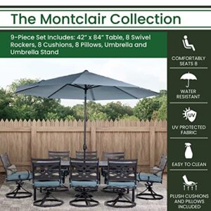 Hanover Montclair 9-Piece All-Weather Outdoor Patio Dining Set, 8 Swivel Rocker Chairs with Comfortable Seat and Lumbar Cushions, 84"x42" Stamped Rectangle Table, Umbrella, and Umbrella Base