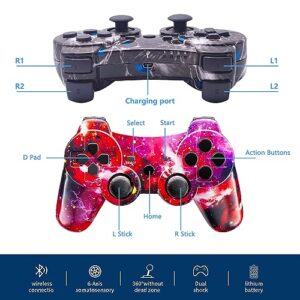 PS3 Controller Wireless, High Performance Controller with Upgraded Joystick for PlayStation 3, 2 USB Charging Cords (Red Star, Black Ghost)