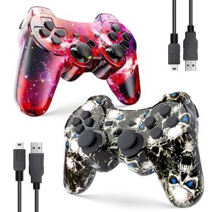 ps3 controller wireless, high performance controller with upgraded joystick for playstation 3, 2 usb charging cords (red star, black ghost)
