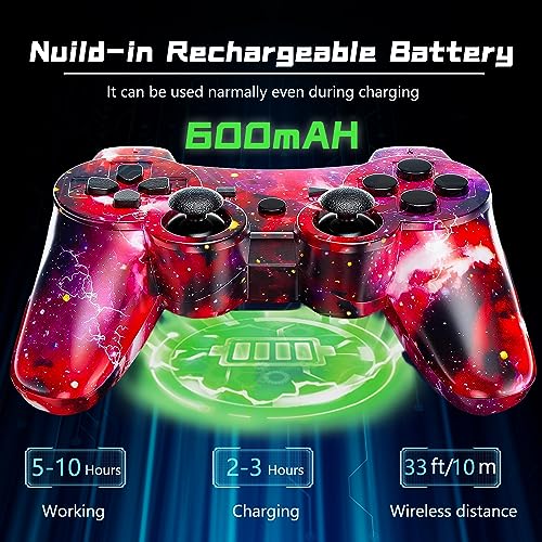 PS3 Controller Wireless, High Performance Controller with Upgraded Joystick for PlayStation 3, 2 USB Charging Cords (Red Star, Black Ghost)
