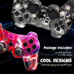 PS3 Controller Wireless, High Performance Controller with Upgraded Joystick for PlayStation 3, 2 USB Charging Cords (Red Star, Black Ghost)