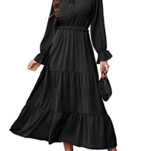 KIRUNDO Women's 2023 Fall Long Sleeve Tie Crew Neck Maxi Dress Casual Empire Waist Boho Ruffle Flowy Long Dresses(Black, Medium)