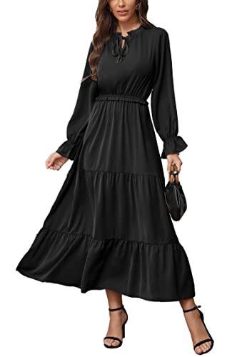 KIRUNDO Women's 2023 Fall Long Sleeve Tie Crew Neck Maxi Dress Casual Empire Waist Boho Ruffle Flowy Long Dresses(Black, Medium)