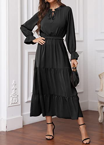 KIRUNDO Women's 2023 Fall Long Sleeve Tie Crew Neck Maxi Dress Casual Empire Waist Boho Ruffle Flowy Long Dresses(Black, Medium)