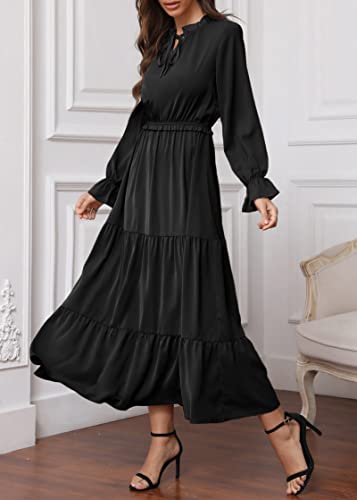 KIRUNDO Women's 2023 Fall Long Sleeve Tie Crew Neck Maxi Dress Casual Empire Waist Boho Ruffle Flowy Long Dresses(Black, Medium)