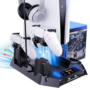 ps5 stand with 2 cooling station & dual controller charging station for ps5 console,digital/disc edition, benazcap ps5 accessories cooling stand with charge stock, headset holder and 8 game slot,black