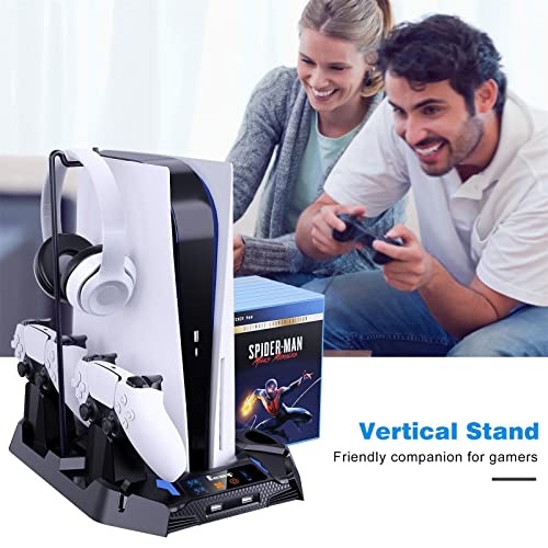 PS5 Stand with 2 Cooling Station & Dual Controller Charging Station for PS5 Console,Digital/Disc Edition, Benazcap PS5 Accessories Cooling Stand with Charge Stock, Headset Holder and 8 Game Slot,Black