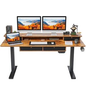 fezibo height adjustable electric standing desk with 4 drawers, 63 x 24 inch table with storage shelf, sit stand desk with splice board, black frame/rustic brown top, 63 inch