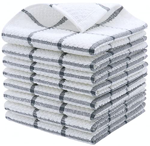 PPAXL Cotton Grid Dish Cloths, Terry Cleaning Rags, 12 x 12 Inches, Light and Soft, Quick Drying Dish Rags, 8pc/Set (Grey)