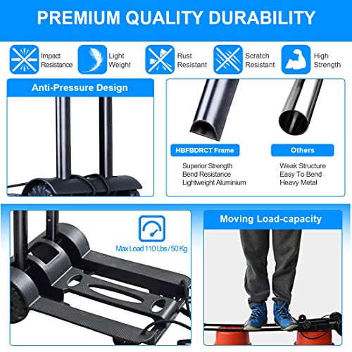 110 LBS Light weight Folding Hand Truck, Small Cart with 2 Wheels Portable Dolly for Moving Collapsible Luggage Cart with Bag and 2 Elastic Ropes Utility Cart Push Cart for travel Shopping Home Office