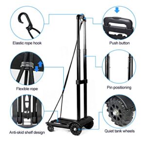 110 LBS Light weight Folding Hand Truck, Small Cart with 2 Wheels Portable Dolly for Moving Collapsible Luggage Cart with Bag and 2 Elastic Ropes Utility Cart Push Cart for travel Shopping Home Office