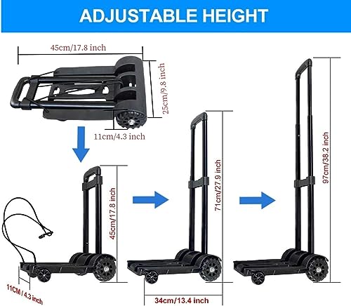 110 LBS Light weight Folding Hand Truck, Small Cart with 2 Wheels Portable Dolly for Moving Collapsible Luggage Cart with Bag and 2 Elastic Ropes Utility Cart Push Cart for travel Shopping Home Office