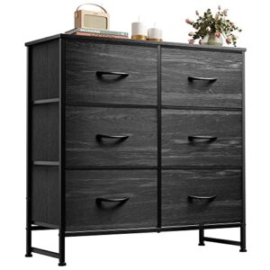wlive fabric dresser for bedroom, 6 drawer double dresser, storage tower with fabric bins, chest of drawers for closet, living room, hallway, nursery, charcoal black wood grain print
