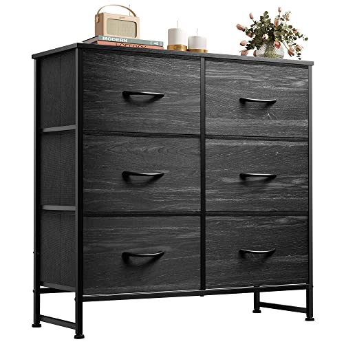 WLIVE Fabric Dresser for Bedroom, 6 Drawer Double Dresser, Storage Tower with Fabric Bins, Chest of Drawers for Closet, Living Room, Hallway, Nursery, Charcoal Black Wood Grain Print