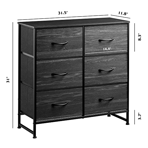 WLIVE Fabric Dresser for Bedroom, 6 Drawer Double Dresser, Storage Tower with Fabric Bins, Chest of Drawers for Closet, Living Room, Hallway, Nursery, Charcoal Black Wood Grain Print