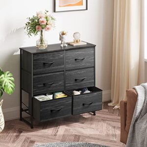 WLIVE Fabric Dresser for Bedroom, 6 Drawer Double Dresser, Storage Tower with Fabric Bins, Chest of Drawers for Closet, Living Room, Hallway, Nursery, Charcoal Black Wood Grain Print