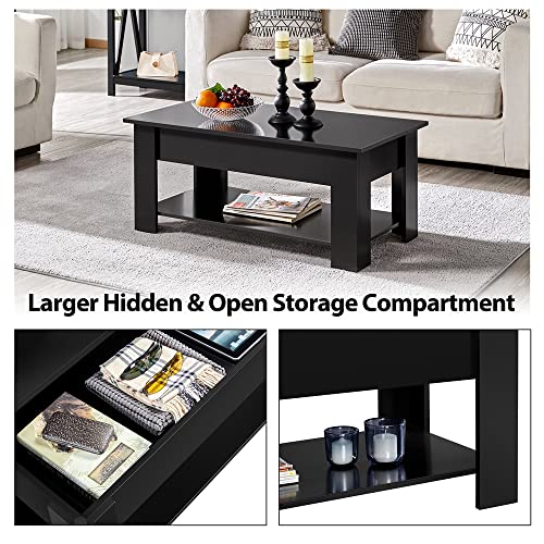 Yaheetech Wooden Coffee Table, Lift Top Coffee Table with Large Hidden Storage Shelf, Lift Tabletop Dining Table for Living Room, Home Small Space, 38.6in, Black
