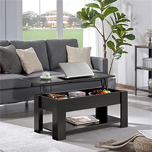 Yaheetech Wooden Coffee Table, Lift Top Coffee Table with Large Hidden Storage Shelf, Lift Tabletop Dining Table for Living Room, Home Small Space, 38.6in, Black