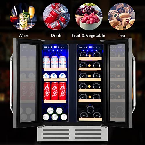 Wine and Beverage Refrigerator,Velieta 24 Inch Dual Zone Fridge with Glass Door, Built-In Cooler with Powerful and Quite Cool System/18 Bottles and 88 Cans Capacity, Stainless Steel silver (KMYL120)