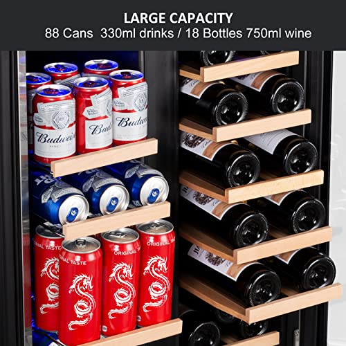 Wine and Beverage Refrigerator,Velieta 24 Inch Dual Zone Fridge with Glass Door, Built-In Cooler with Powerful and Quite Cool System/18 Bottles and 88 Cans Capacity, Stainless Steel silver (KMYL120)