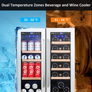 Wine and Beverage Refrigerator,Velieta 24 Inch Dual Zone Fridge with Glass Door, Built-In Cooler with Powerful and Quite Cool System/18 Bottles and 88 Cans Capacity, Stainless Steel silver (KMYL120)