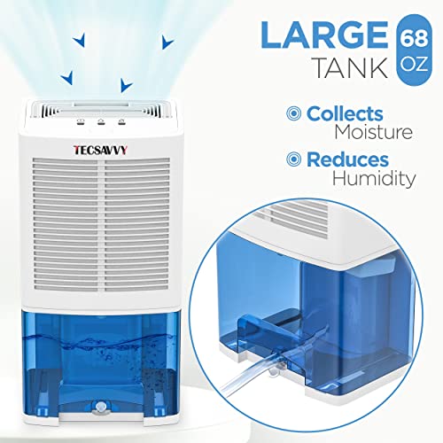 TECSAVVY Advanced Dehumidifier with 2000ml(68oz) with Exhaust Hose, Portable Dehumidifier for Basement that Covers 350 Sq.Ft, 3100 CuFt. for Home Bedroom Bathroom RV Garage Closet with Ultra Quiet and Auto-Shutoff.