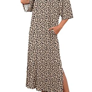 PrinStory Womens Long Nightgown Round Neck Nightshirts Short Sleeve Loose Loungewear Casual Sleep Dress With Pockets FP-Leopard Khaki-X-Large