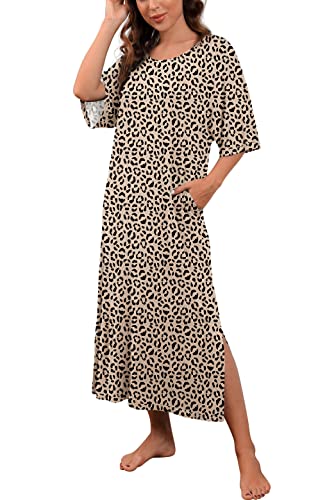 PrinStory Womens Long Nightgown Round Neck Nightshirts Short Sleeve Loose Loungewear Casual Sleep Dress With Pockets FP-Leopard Khaki-X-Large