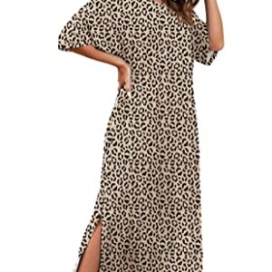 PrinStory Womens Long Nightgown Round Neck Nightshirts Short Sleeve Loose Loungewear Casual Sleep Dress With Pockets FP-Leopard Khaki-X-Large