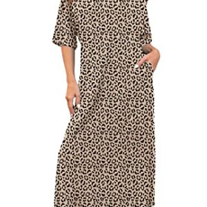 PrinStory Womens Long Nightgown Round Neck Nightshirts Short Sleeve Loose Loungewear Casual Sleep Dress With Pockets FP-Leopard Khaki-X-Large