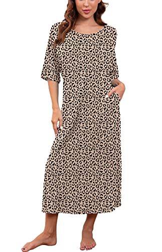 PrinStory Womens Long Nightgown Round Neck Nightshirts Short Sleeve Loose Loungewear Casual Sleep Dress With Pockets FP-Leopard Khaki-X-Large