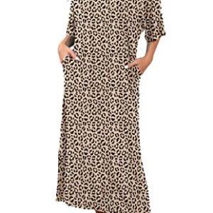 PrinStory Womens Long Nightgown Round Neck Nightshirts Short Sleeve Loose Loungewear Casual Sleep Dress With Pockets FP-Leopard Khaki-X-Large