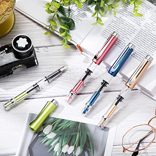 4 Pieces Refillable, Transparent Piston Pen Piston Filling, Extra Fine Fountain Pen for Calligraphy Painting, Drawing, School, Scrapbook and Sketch Signature