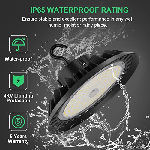 BFT UFO LED High Bay Light 150W 22500LM 0-10V Dimmable 5000K,600W HID/HPS Replacement,5' Cable with Plug,UL Certified Driver IP65 Hanging Hook,Shop Lights for Warehouse Garage Gym,Workshop