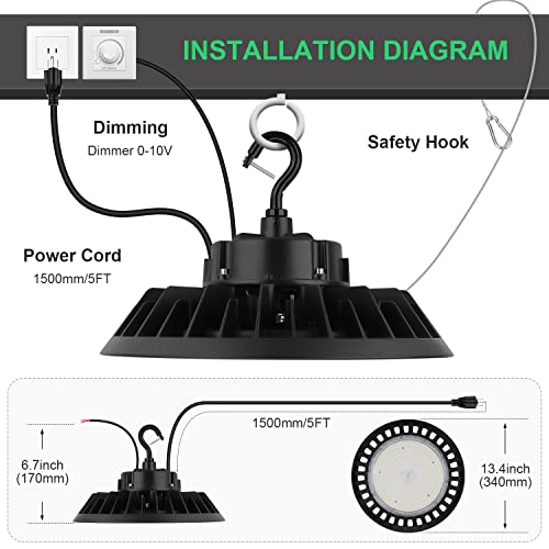 BFT UFO LED High Bay Light 150W 22500LM 0-10V Dimmable 5000K,600W HID/HPS Replacement,5' Cable with Plug,UL Certified Driver IP65 Hanging Hook,Shop Lights for Warehouse Garage Gym,Workshop