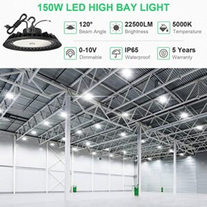 BFT UFO LED High Bay Light 150W 22500LM 0-10V Dimmable 5000K,600W HID/HPS Replacement,5' Cable with Plug,UL Certified Driver IP65 Hanging Hook,Shop Lights for Warehouse Garage Gym,Workshop