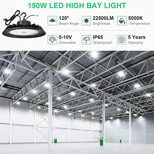 BFT UFO LED High Bay Light 150W 22500LM 0-10V Dimmable 5000K,600W HID/HPS Replacement,5' Cable with Plug,UL Certified Driver IP65 Hanging Hook,Shop Lights for Warehouse Garage Gym,Workshop