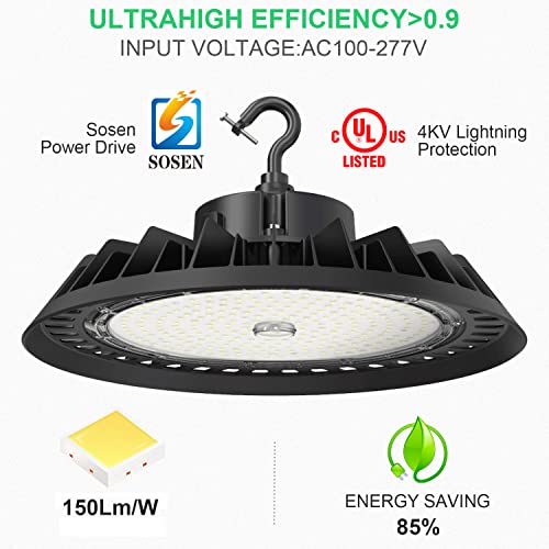 BFT UFO LED High Bay Light 150W 22500LM 0-10V Dimmable 5000K,600W HID/HPS Replacement,5' Cable with Plug,UL Certified Driver IP65 Hanging Hook,Shop Lights for Warehouse Garage Gym,Workshop